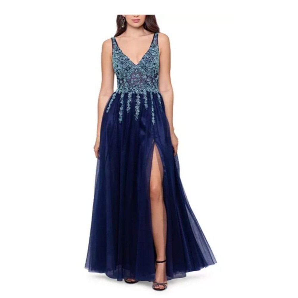 Blondie Nites Juniors Sz 17 Embellished Illusion Mesh Gown Navy Blue Formal Prom